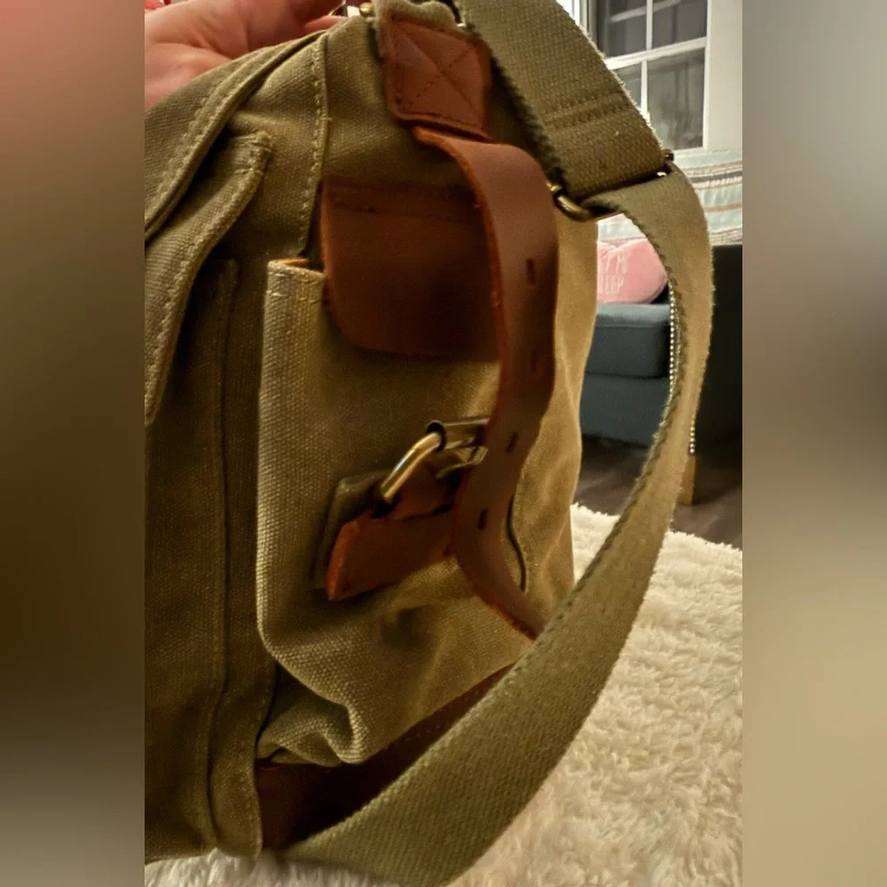 Military Green Canvas Crossbody Bag with Brown Leather Straps - Picture 5 of 11